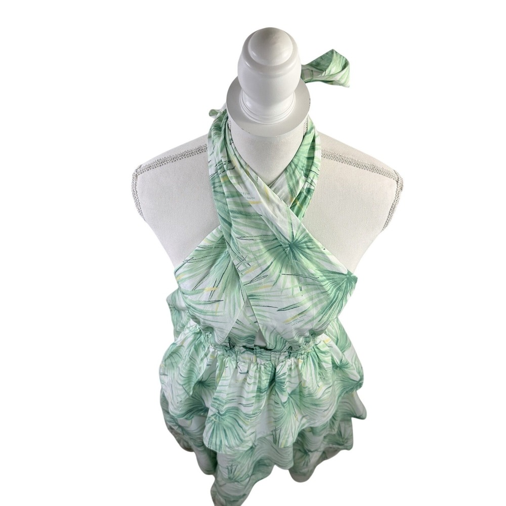 NWT Sewing Down South Crown & Ivy Green Palm 100% Cot Tiered Halter Dress Size M - Picture 2 of 10